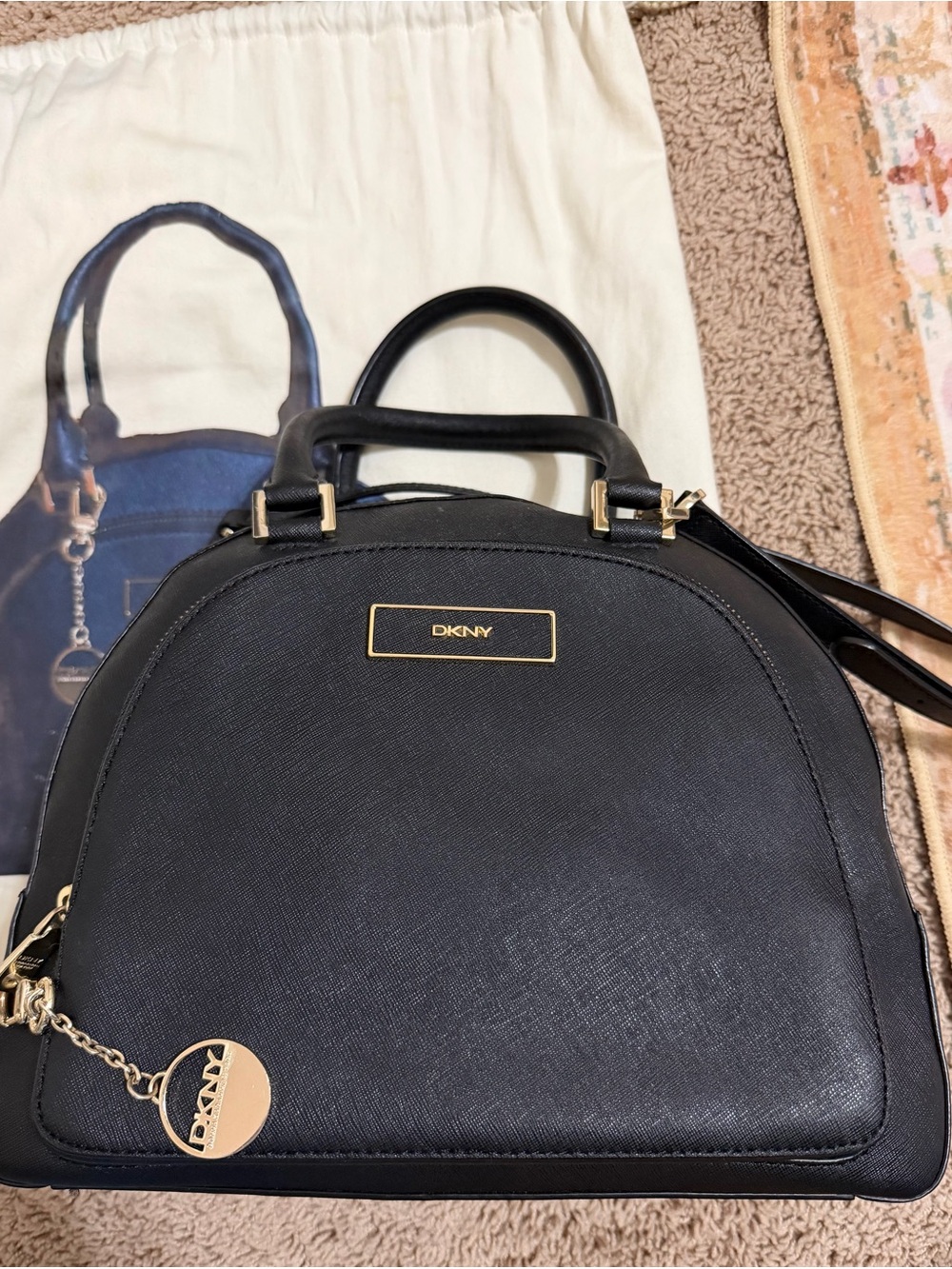 DKNY Black Saffiano Dome Satchel with Gold Hardware and custom dustbag.